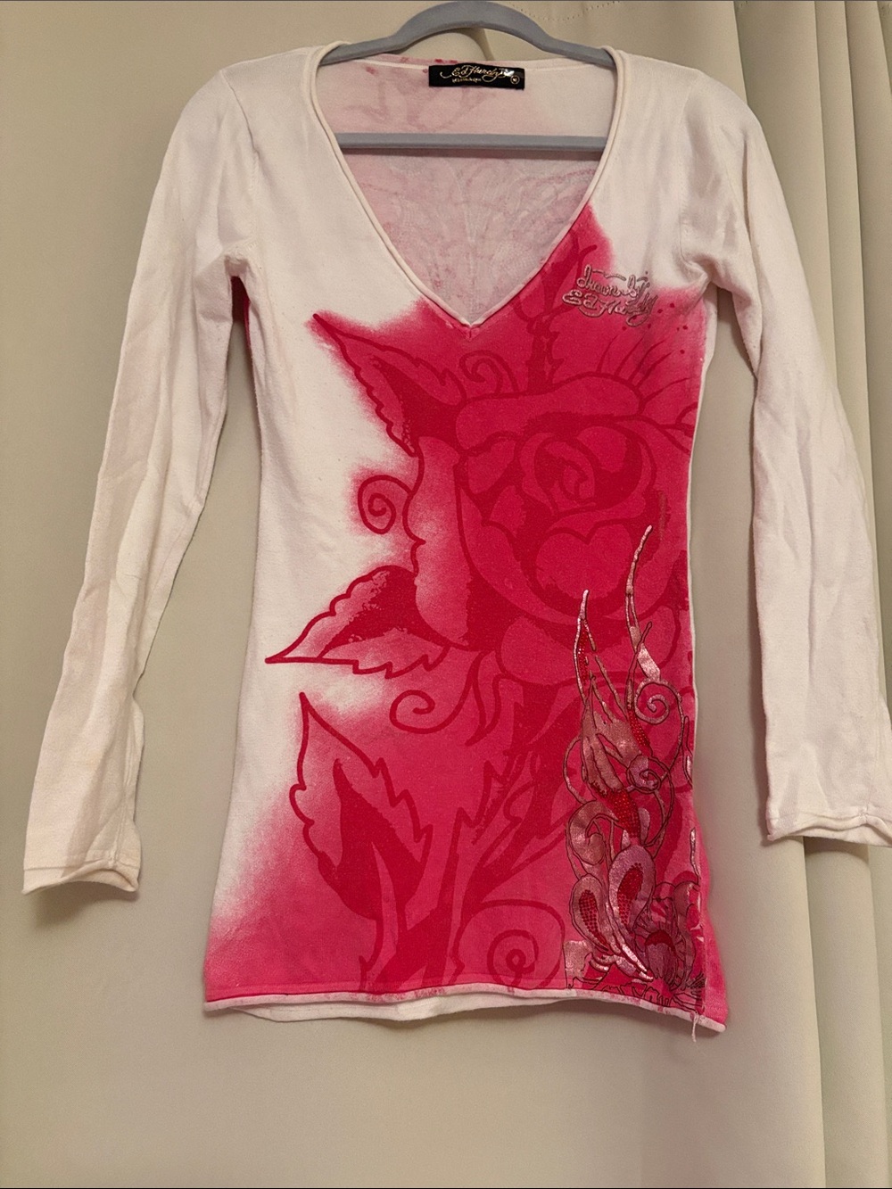 Ed Hardy White Long Sleeve V-Neck Top with Hot Pink Floral Graphic